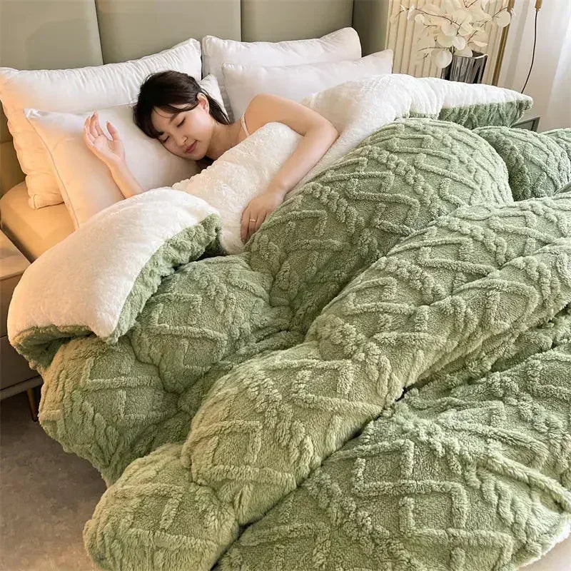 A beautifully styled bed featuring the Emerald Green Weighted Blanket, showcasing its plush coral fleece texture that delivers ultimate warmth and comfort. The vibrant green hue brings a refreshing and lively touch to the bedroom decor. With its anti-pilling feature, this blanket ensures durability and long-lasting elegance, perfect for creating a cozy sanctuary.