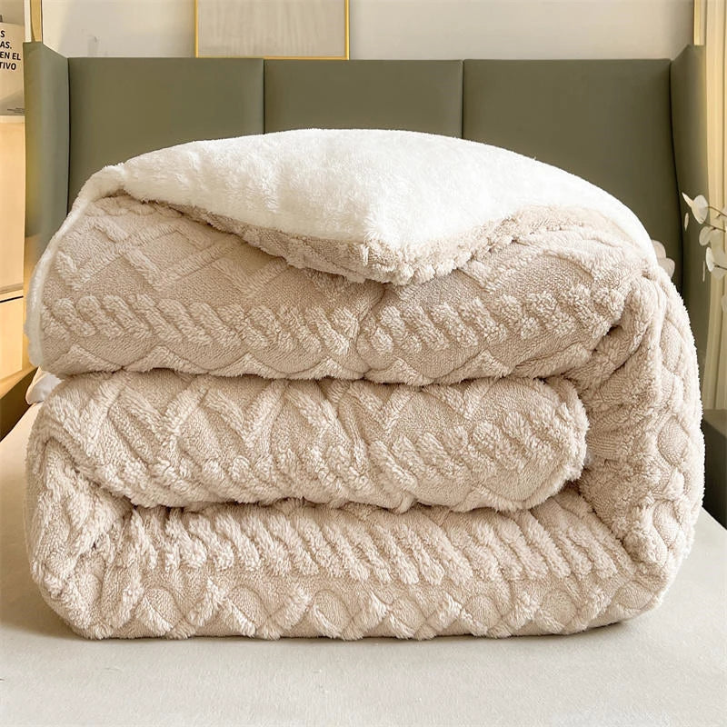 A thoughtfully arranged bed draped with the Khaki Weighted Blanket, highlighting its soft coral fleece texture that offers exceptional warmth and comfort. The earthy khaki color adds a grounded, natural vibe to the bedroom decor. With its anti-pilling feature, this blanket ensures durability while creating a serene and inviting atmosphere.