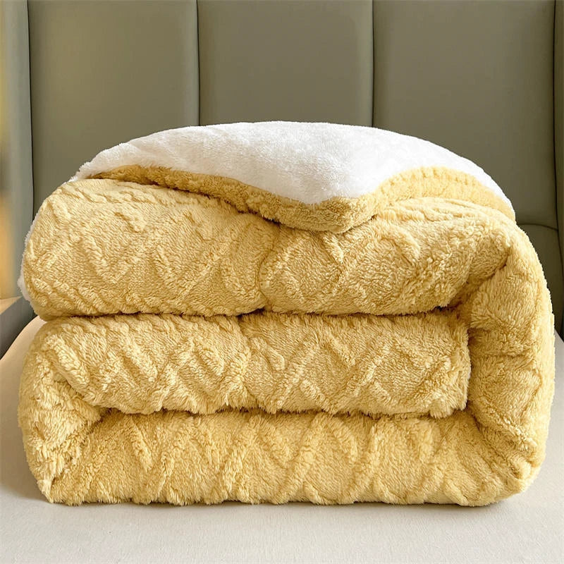 A cheerful bed adorned with the Sunny Yellow Weighted Blanket, showcasing its soft coral fleece texture that provides delightful warmth and comfort. The vibrant yellow hue infuses the room with a sense of happiness and energy, brightening up the bedroom decor. With its anti-pilling feature, this blanket ensures lasting quality, making it perfect for cozy days and nights.