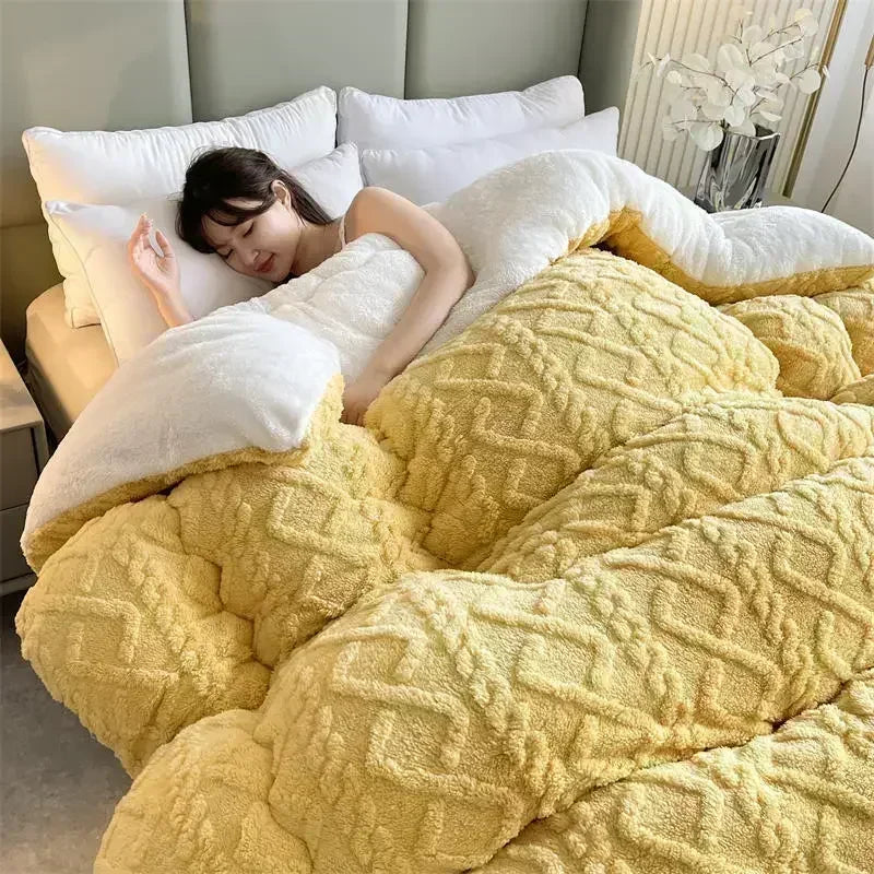A cheerful bed adorned with the Sunny Yellow Weighted Blanket, showcasing its soft coral fleece texture that provides delightful warmth and comfort. The vibrant yellow hue infuses the room with a sense of happiness and energy, brightening up the bedroom decor. With its anti-pilling feature, this blanket ensures lasting quality, making it perfect for cozy days and nights.