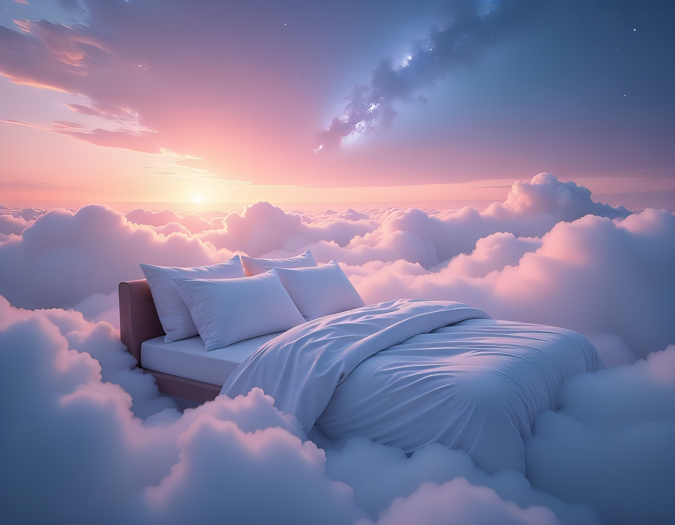 image of a bed in the clouds. Cozy clouds