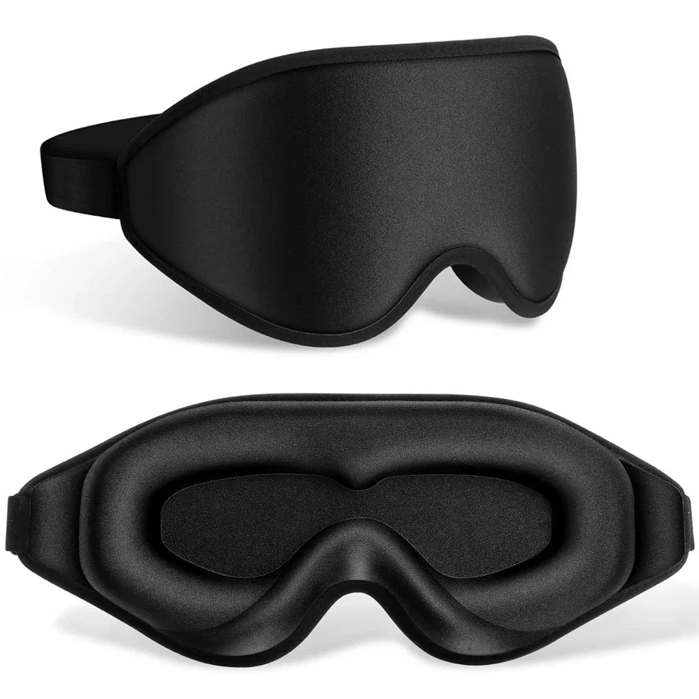 image of a black sleeping mask, perfect for immediate slumber and long flights. With its soft texture, it is a blind buy to anyone trying to improve their sleep